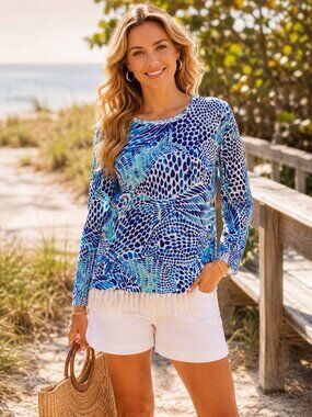 LILLY PULITZER Ramona Fringe Sweater Women's XXS Blue White Side Button